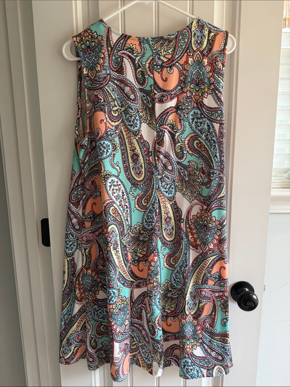 Sleeveless Paisley Print A-Line Dress in Peach & Teal - Picture 3 of 3